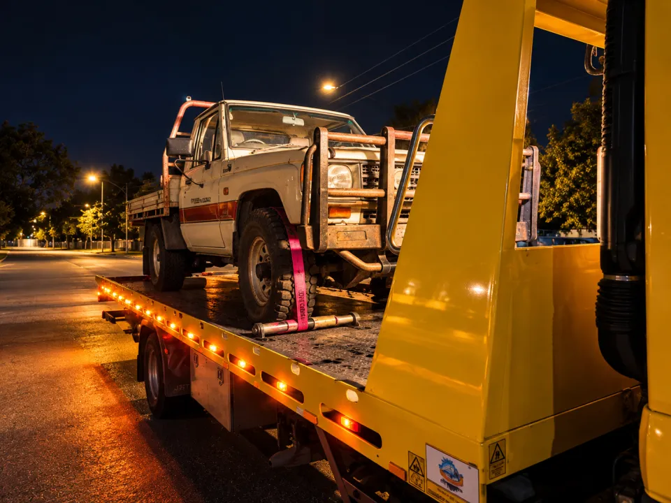 4WD ute loaded on a yellow tilt tray at night (edited photo)