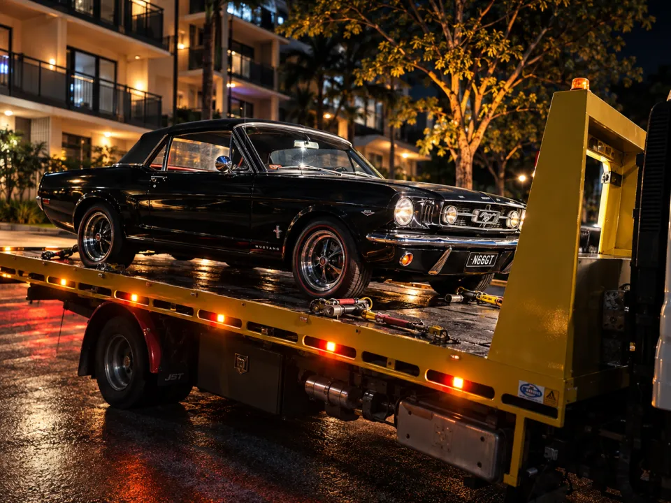 Black classic Mustang secured on a tilt tray