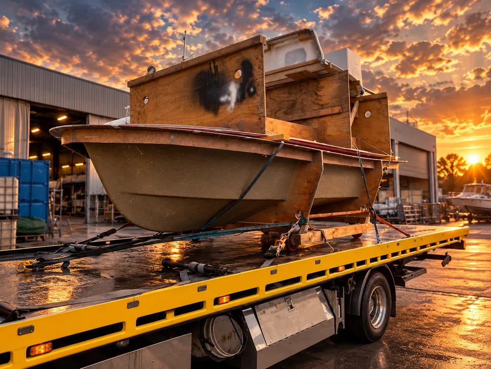 Boat secured for tilt tray transport in Brisbane