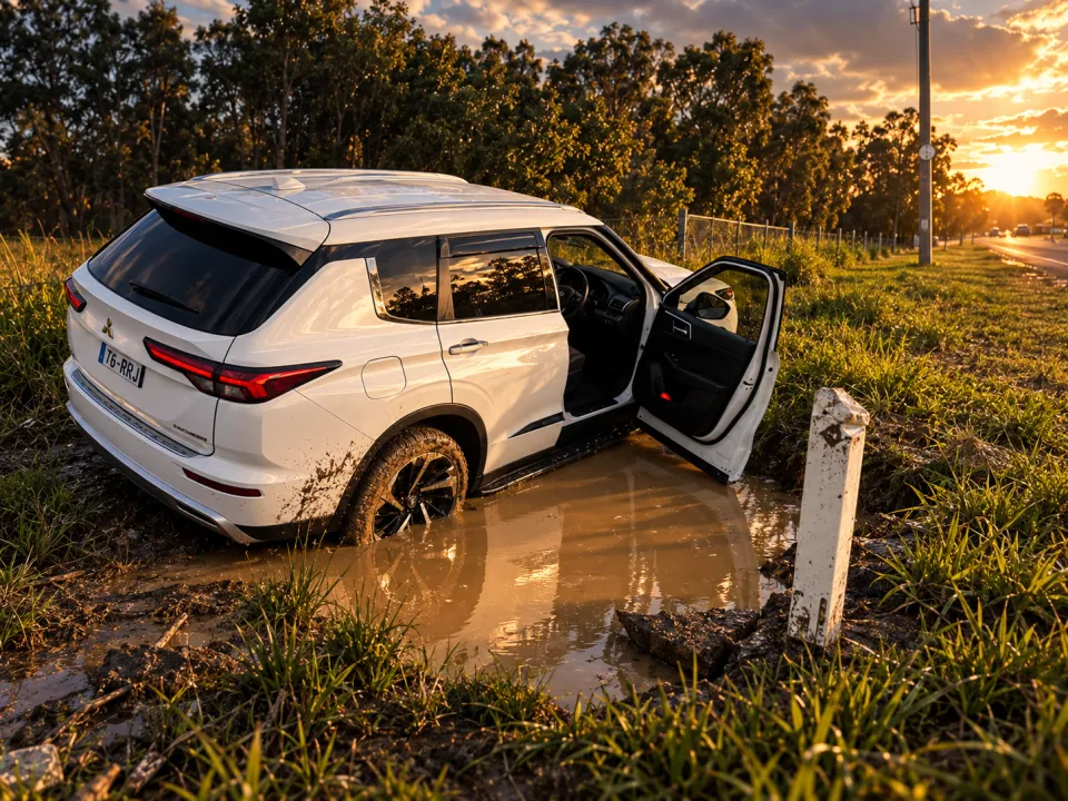 White SUV stuck in mud beside a road in an edited illustrative scene