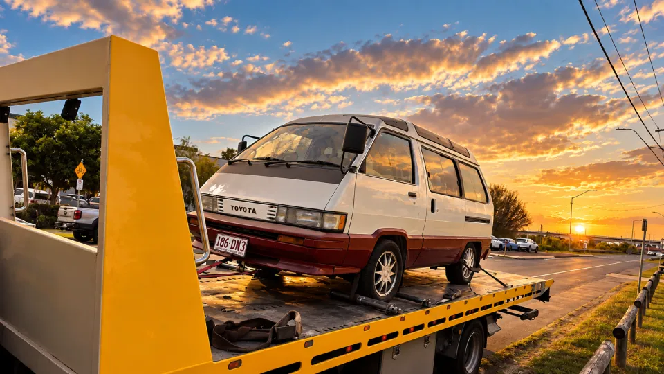 Cream and maroon Toyota campervan on a yellow tilt tray, front view in an edited sunset scene