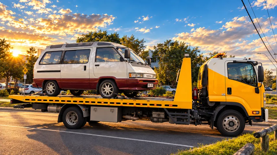 Cream and maroon Toyota campervan on a yellow tilt tray, side view in an edited sunset scene
