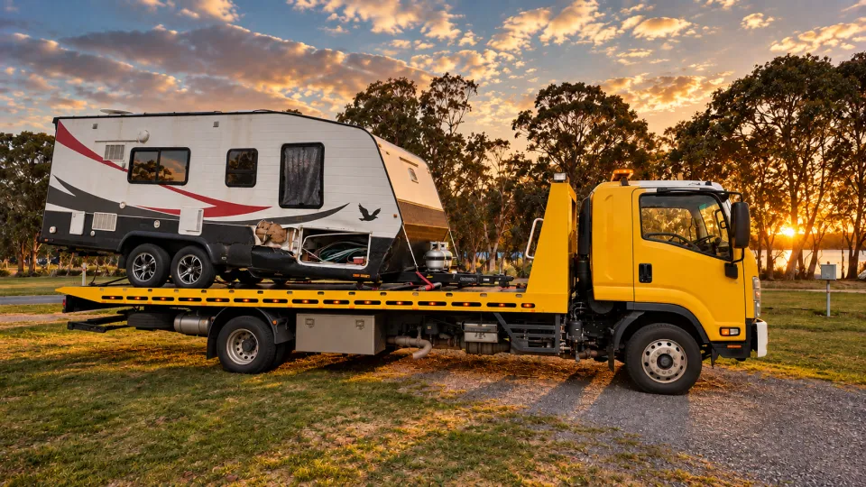 Caravan with visible side damage on a yellow tilt tray in an edited sunset scene