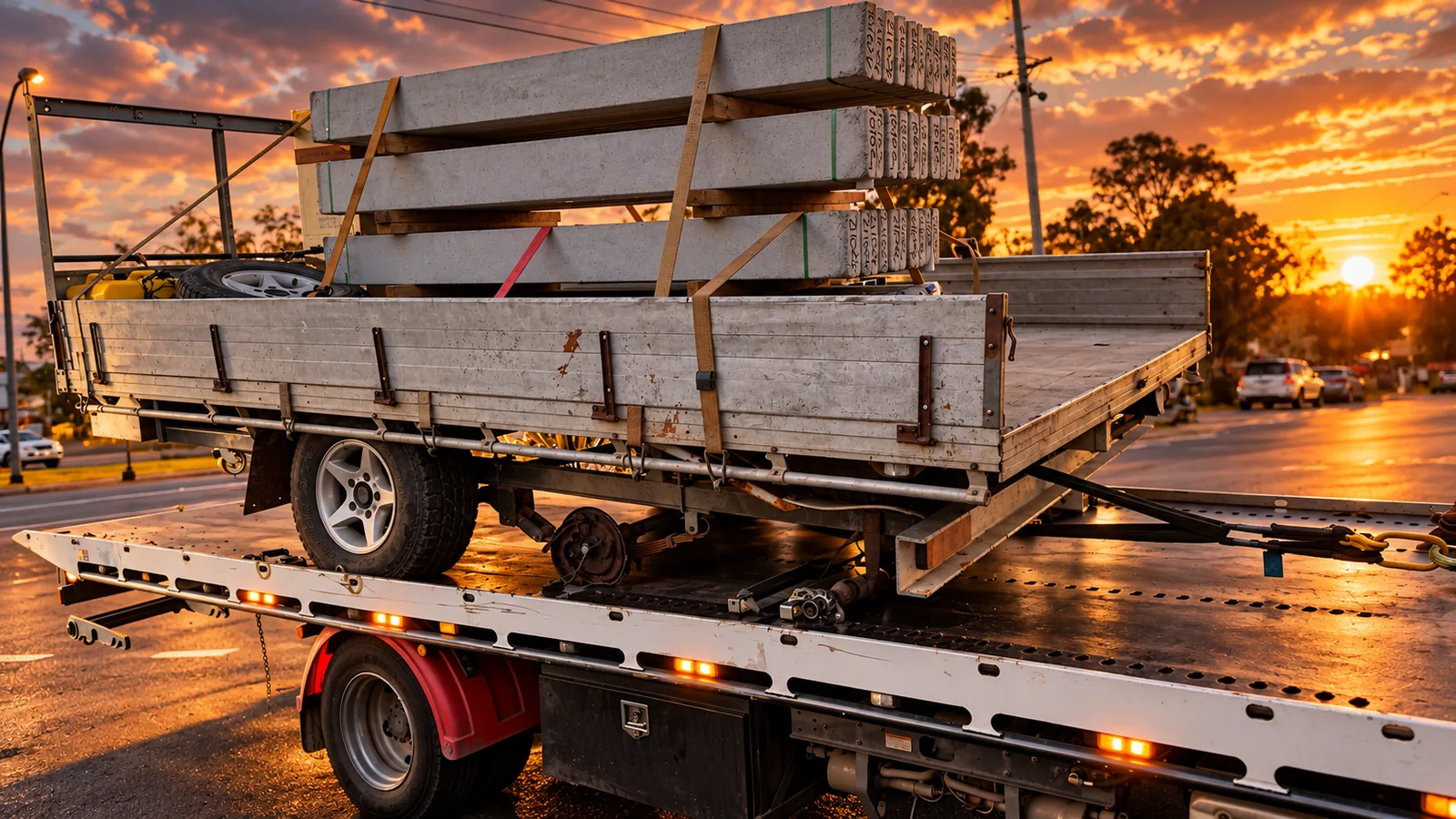 Damaged trailer transport Brisbane on a tilt tray