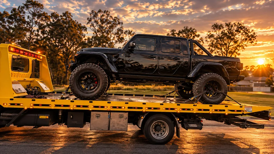 Black 4WD secured on a tilt tray for vehicle transport in Brisbane
