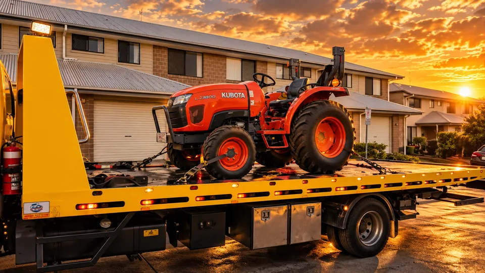 Compact Kubota tractor secured on a tilt tray
