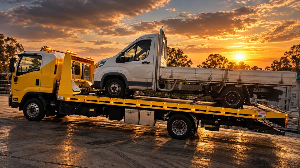 Light commercial fleet vehicle secured on a tilt tray in Brisbane