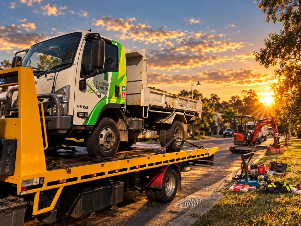 White and green light tipper truck loaded on a tilt tray (edited photo)