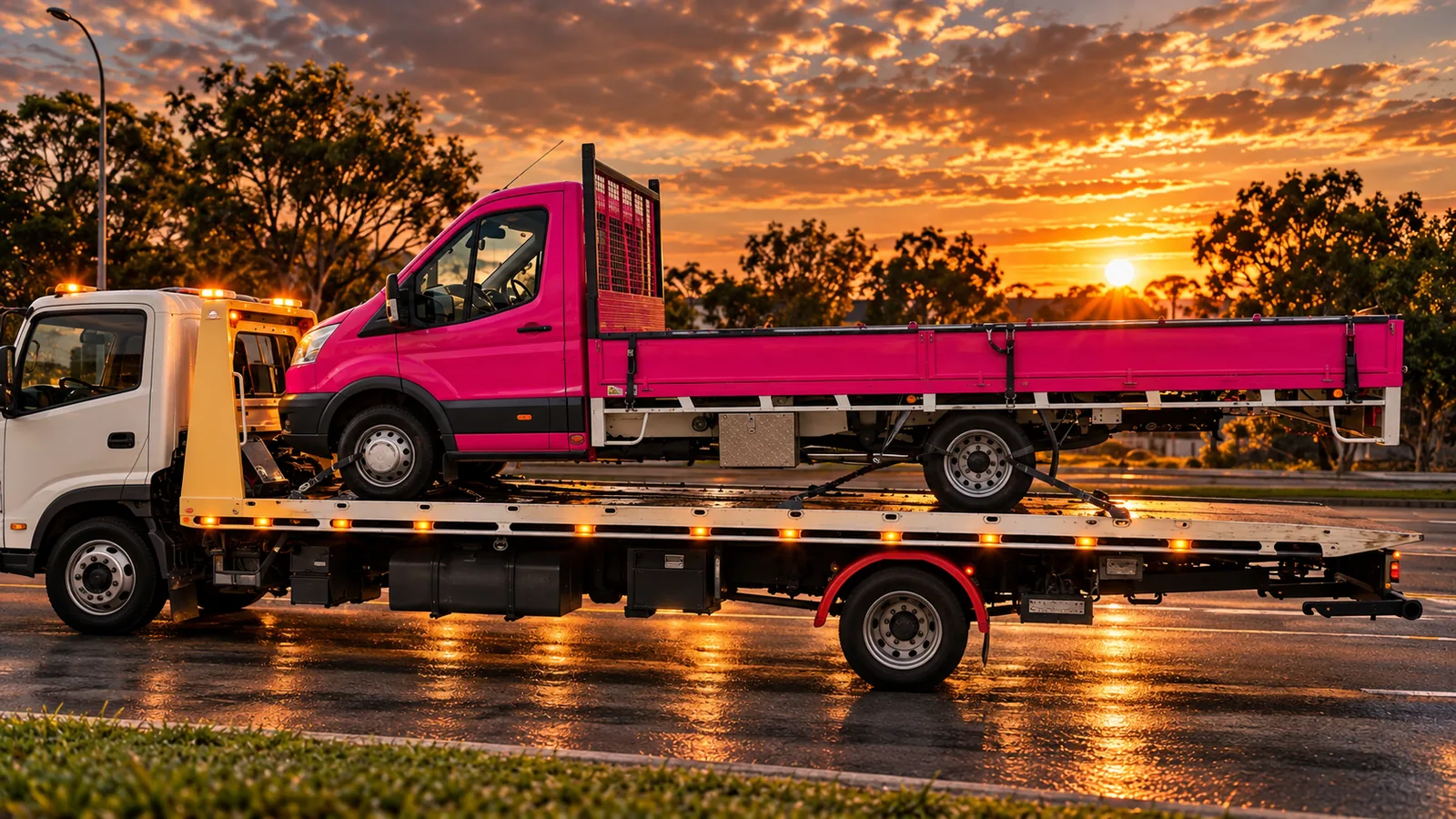 Light truck towing Brisbane with a tray-back commercial vehicle on a tilt tray