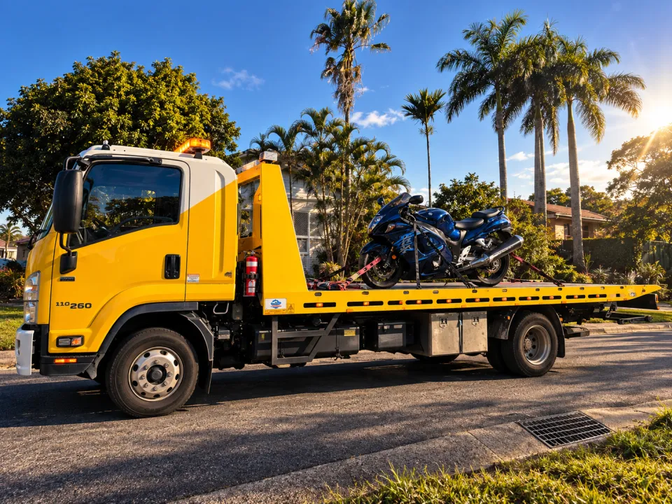Motorcycle secured on a TowFast tilt tray