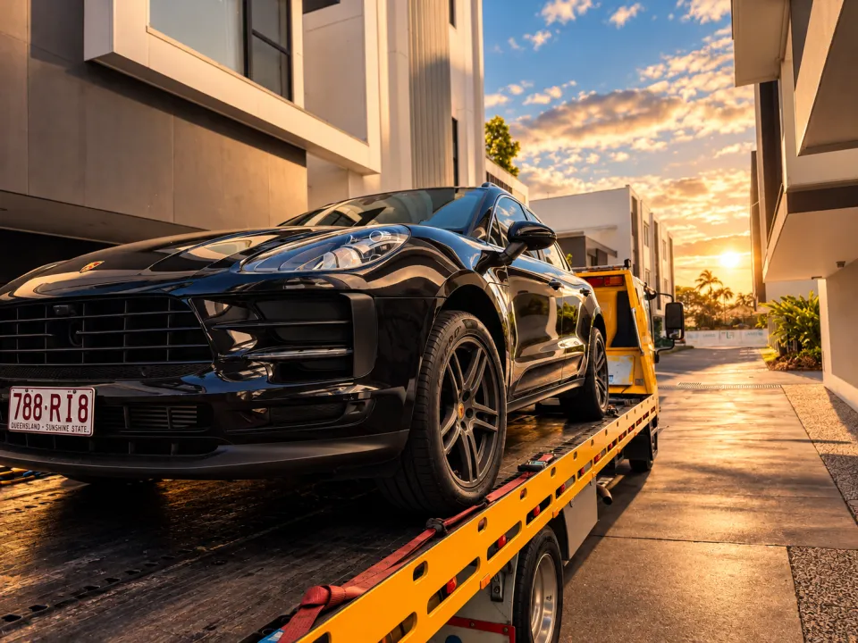 Black Porsche SUV on a yellow tilt tray in an edited illustrative scene