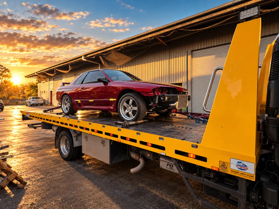 Red sports coupe with its front bumper removed on a tilt tray in an edited sunset scene