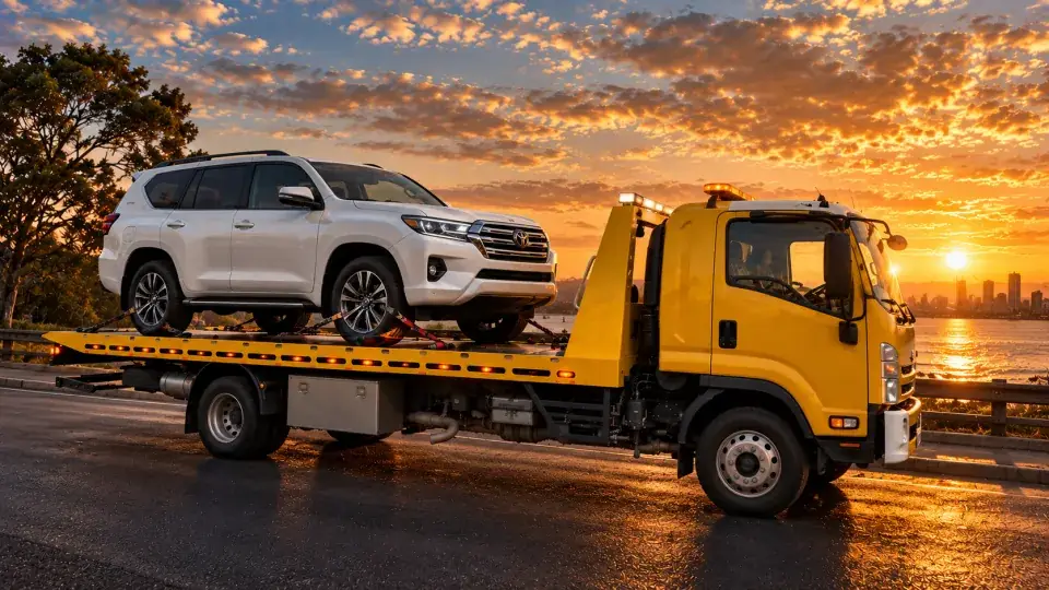 White Toyota SUV on a yellow tilt tray in an edited illustrative scene