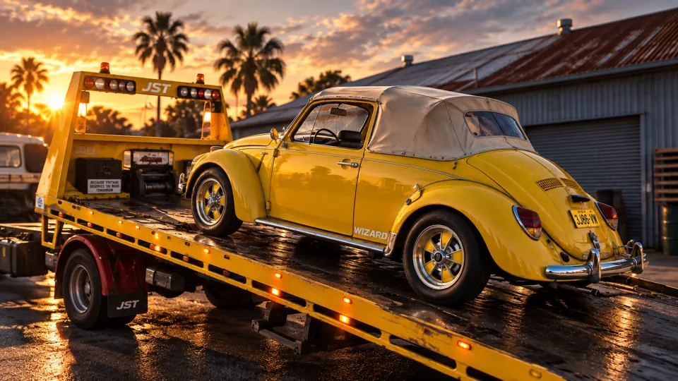 Yellow classic Volkswagen secured on a tilt tray