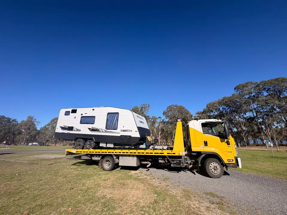 Caravan transported on a TowFast Brisbane tilt tray