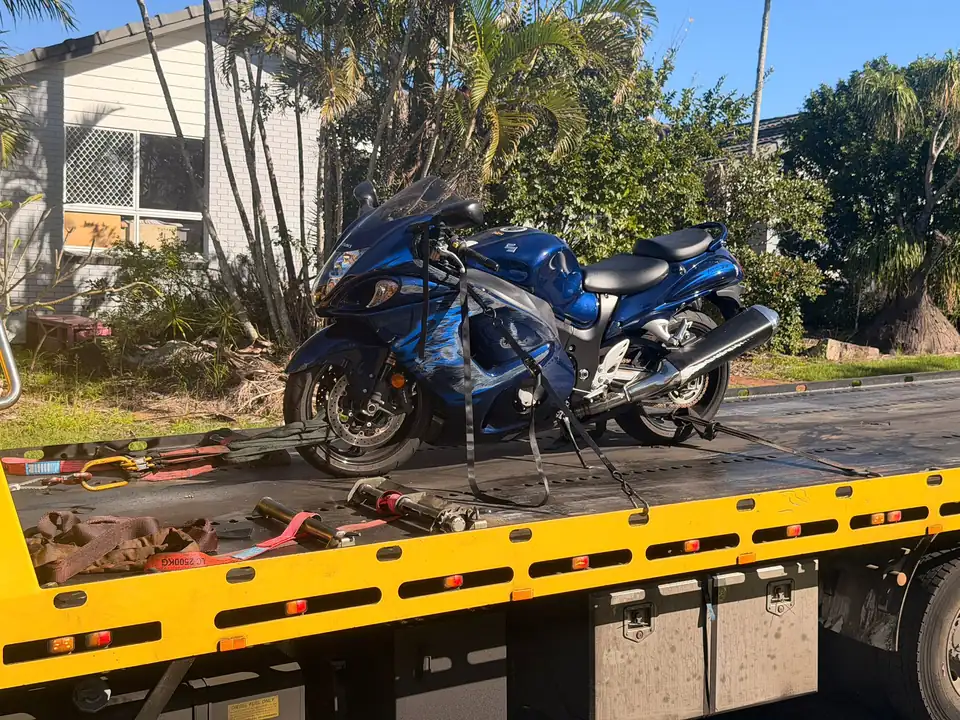 Motorcycle secured on a TowFast Brisbane tilt tray
